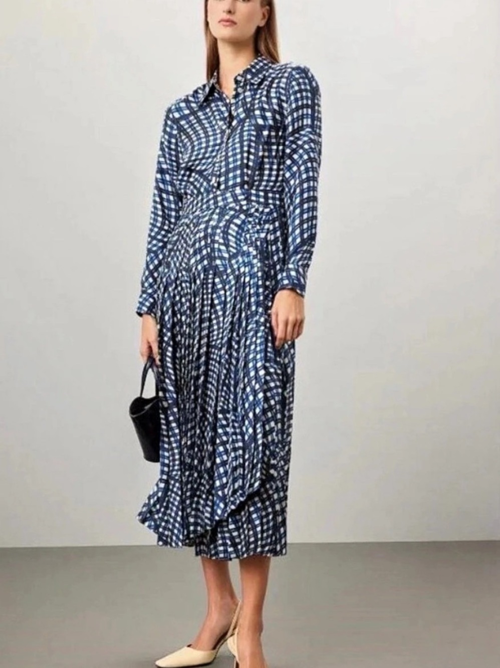 Tory Burch Geometric Printer Pleated Silk Twill Midi Dress in Blue & White Size